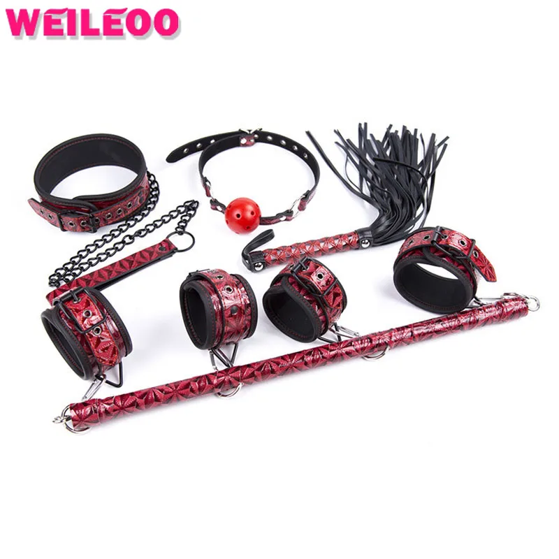 4pcs Hand Cuffs Open Mouth Gag Whipe Collar Fetish Adult Slave Game Erotic Bdsm Bondage Set Sex