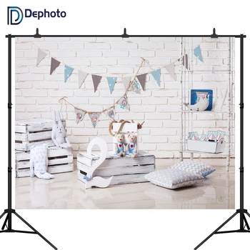 

DePhoto Brick Wall Baby 2 Birthday Party photography backdrops Flag Pillow Child Portrait Interior Photo Backgrounds