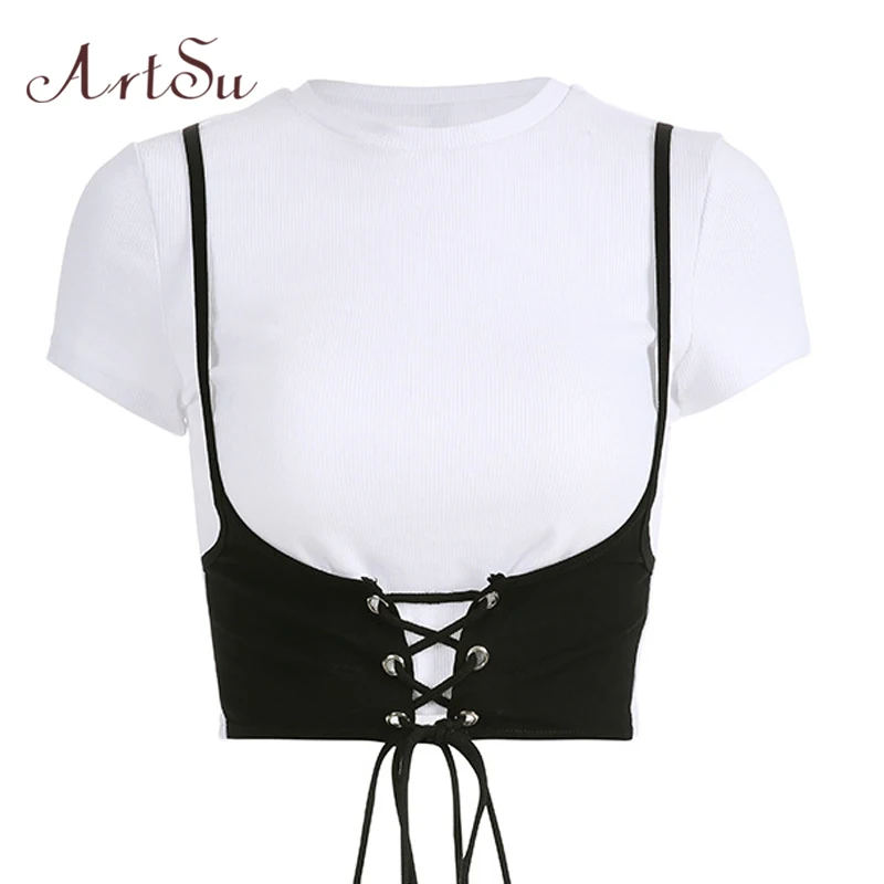 

ArtSu Streetwear 2019 White Short Sleeve T-shirt Women Tee Shirt Femme Clothes Woman Shirts Casual Fake Two Pieces ASTS20706
