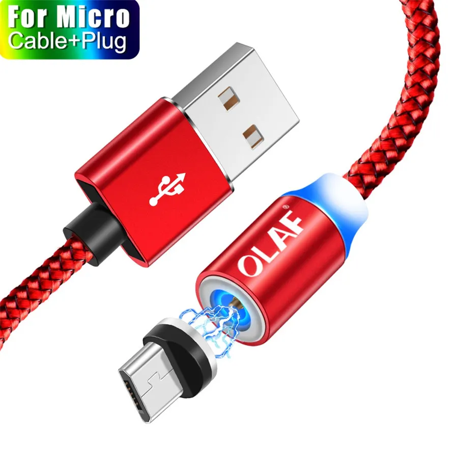 OLAF 1M& 2M светодиодный магнитный кабель и кабель Micro USB и кабель usb type C с нейлоновой оплеткой type-C Магнитный зарядный кабель для iPhone Xs Max - Цвет: For Micro USB Red