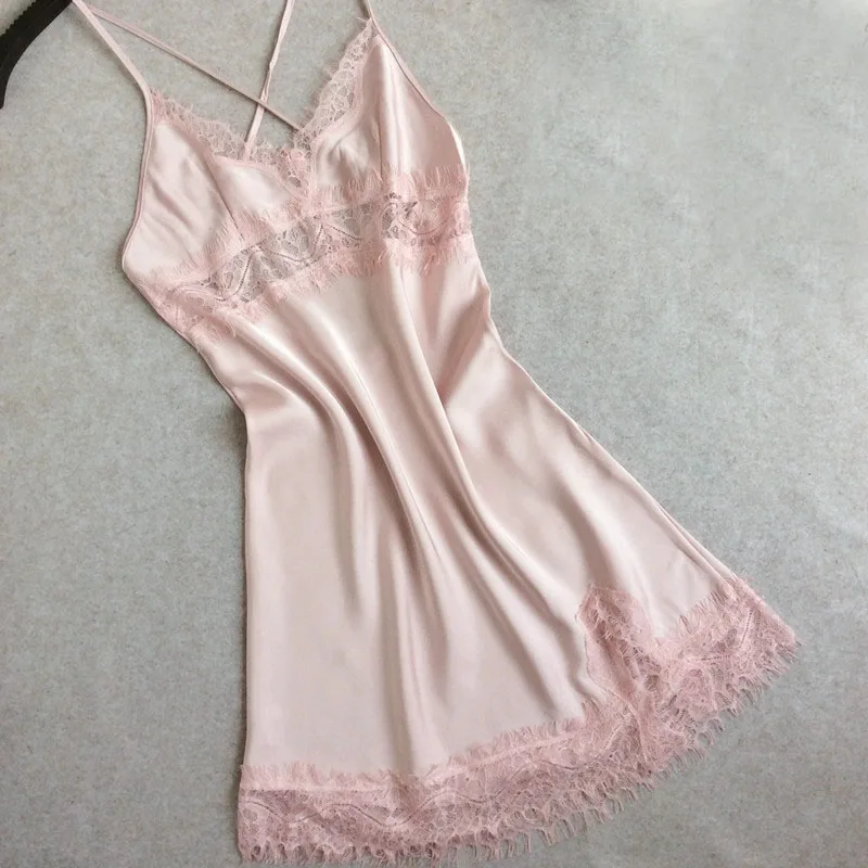 2018 Negligees women Sexy Satin nightgown sling Lace Splicing Nightwear ladies full lace slips