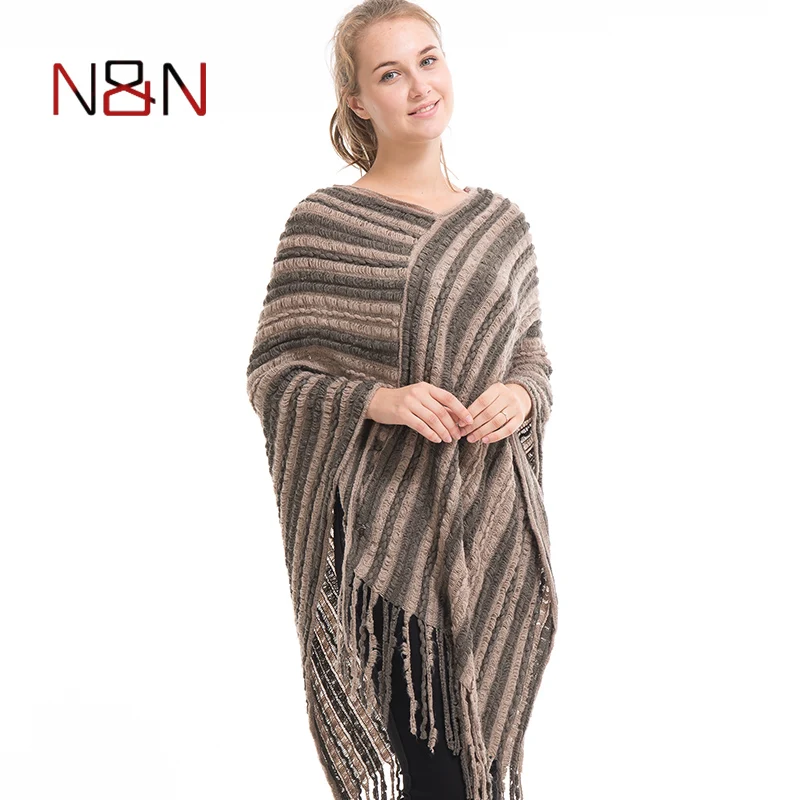 High Quality Popular Woman Shawl Poncho Thin Knit Sweater Women Loose free size Fringe Striped Tassel  V-Neck oversize Sweaters 5 colors women o neck loose poncho cappa winter faux rabbit fur tassel pompo oversize striped knitted ullover shawl coat