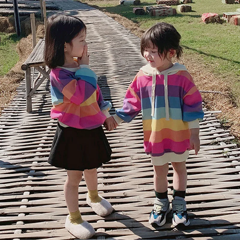 Г. детская футболка радужного цвета для маленьких девочек, платье с капюшоном, весенне-осенние повседневные топы для девочек, рубашки, свитера, детские футболки, одежда