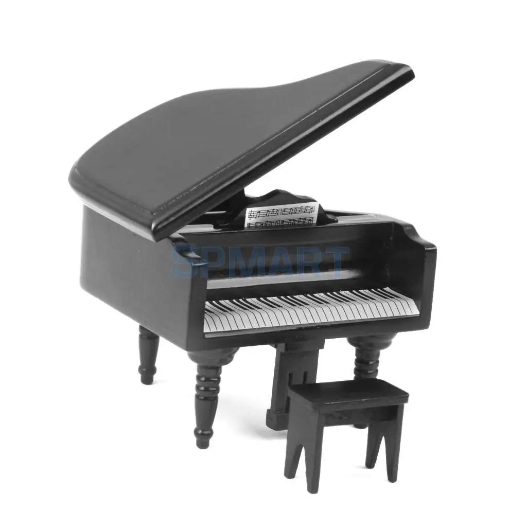 MagiDeal 1/12 Scale Dollhouse Miniature Wooden Piano with Stool Black for Dollhouse Decor Kids Toy