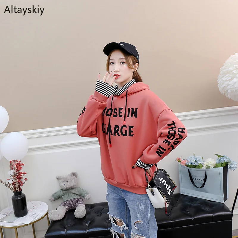 

Hoodies Women Patchwork Letter Printed Loose Hooded Simple All-match Korean Style Pullovers Womens Trendy Sweatshirts Warm Chic