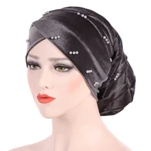 Мусульманский головной платок, женские шапочки под хиджаб, вельвет, жемчуг, тюрбан, шапка, мусульманский тюрбан, складная ворсовая шапка, модные вязаные хиджабы-шарфы