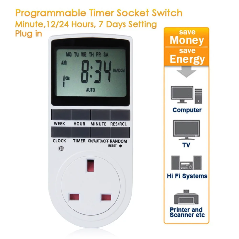 

UK Outlet Plug 230VAC Programmable Timer Switch Socket Adapter for travel Switching lights / Radios Electonic Power Strip