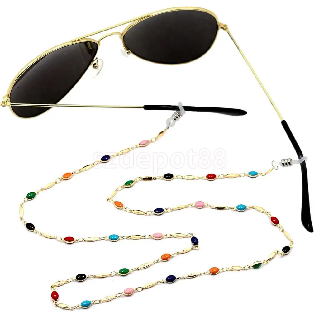 Luxury Gold Tone Metal Enamel Colorful Gem Beaded Eyeglasses Lanyard Rope Chain Sunglasses Strap Holder Retainer