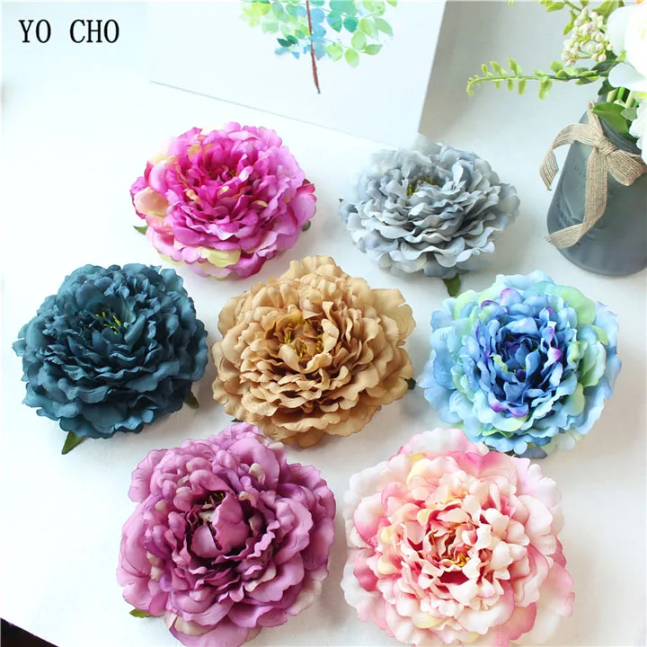 Artificial Peony Flower Head Silk Rose Wedding Wreaths White Pink Blue Fake Flowers Big Flower Heads (1)