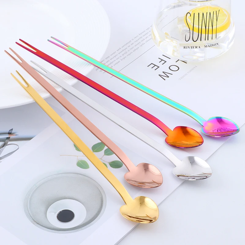 

2 Pcs Heart Shape Multi-function Stainless Steel Long handle Salad Forks Spoon Dessert Fruit Spoon Forks Kitchen Dinnerware