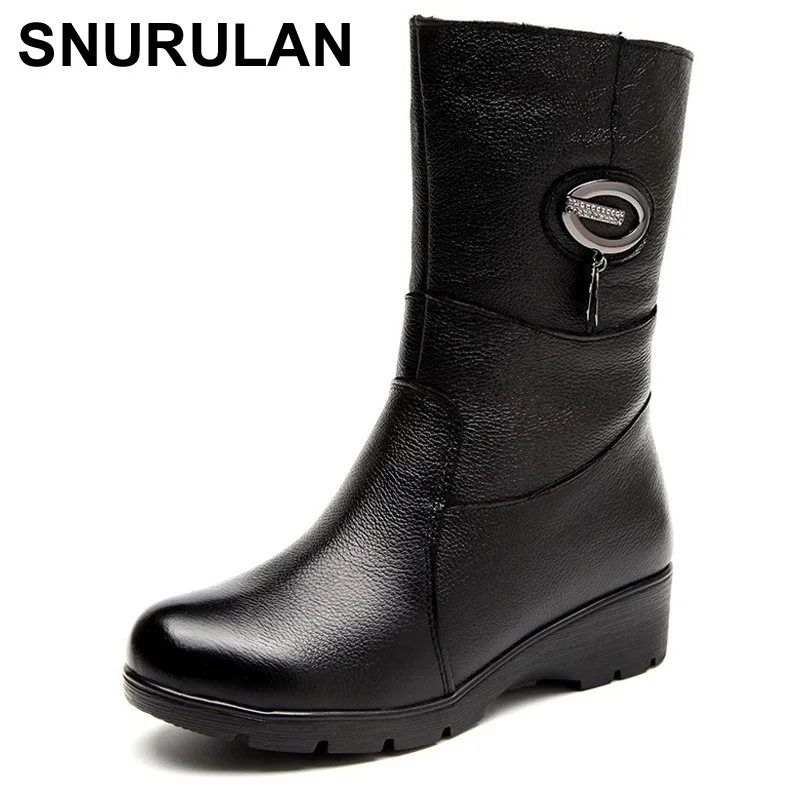 

SNURULAN Fashion Crystal Wedge Women Boots Genuine Leather Mid Calf Winter Warm Snow Boots Women Cotton Boots Botas Mujer E059