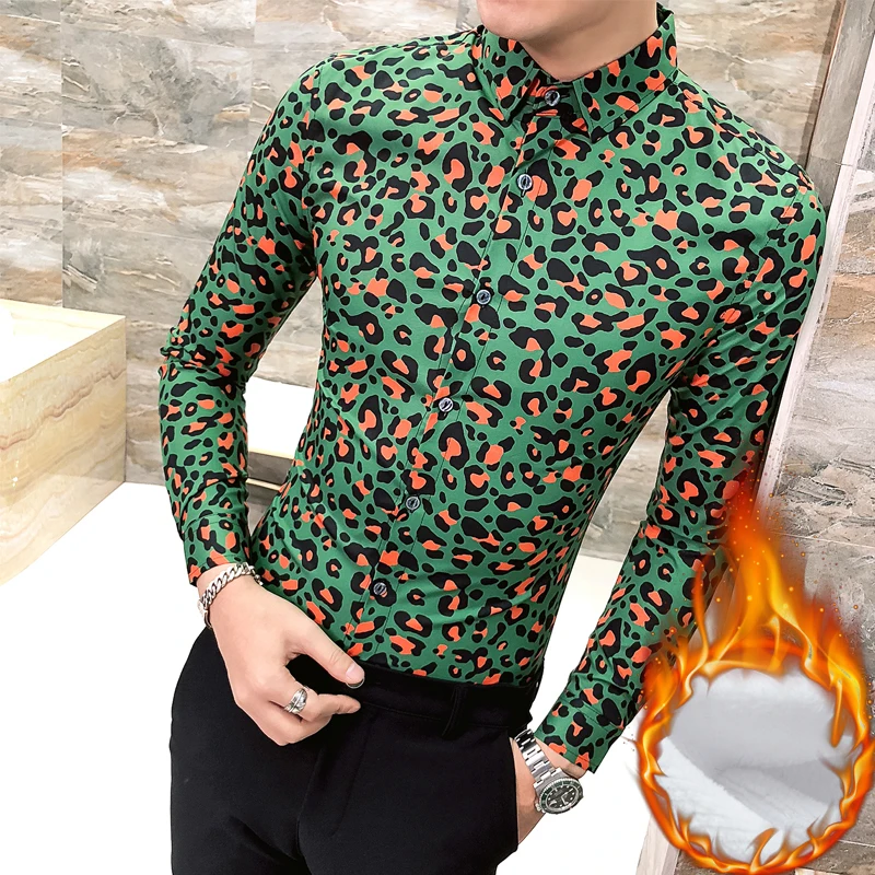 green Brown Chemises Chemise Mens Léopard Homme À Masculina 2019 Print Hiver Print Fit Manches Camisa Slim Hommes Sociale Imprimé Longues Épais Leopard 6Rd6Tnpr