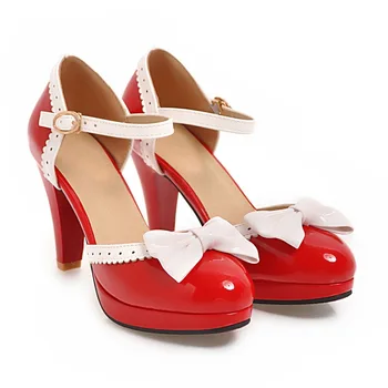 

LVABC Women Thick High Heel Shoes Women Patchwork Bowknot Heart Buckle Heels Pumps Ladies Office Daily Footwear Size 32-46