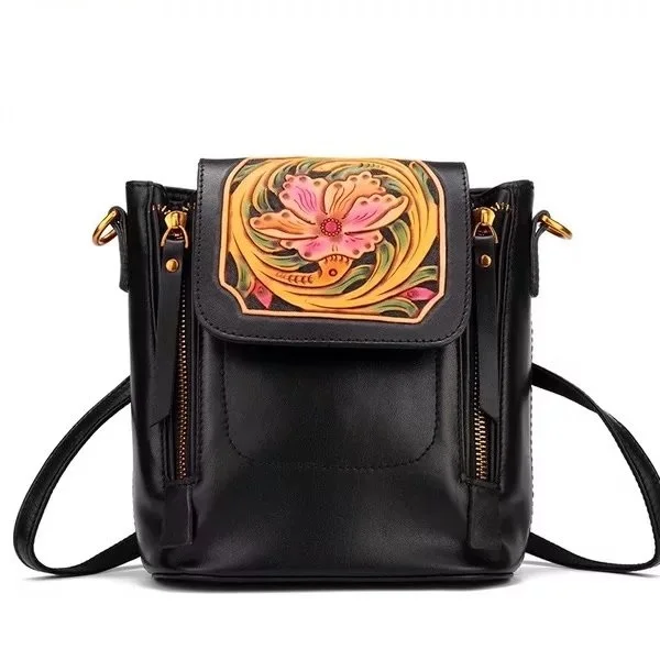 

Chinese Style Vintage Genuine Leather Engraved Flower Designer Women's Black Mini Backpack Multifunctional Ladies Shoulder Bag