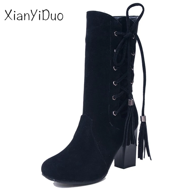 

Xianyiduo Spring/Autumn Women's Shoes ankle Fringe Boots red Round Toe Short Plush high Heels large size 34-47 /x-92