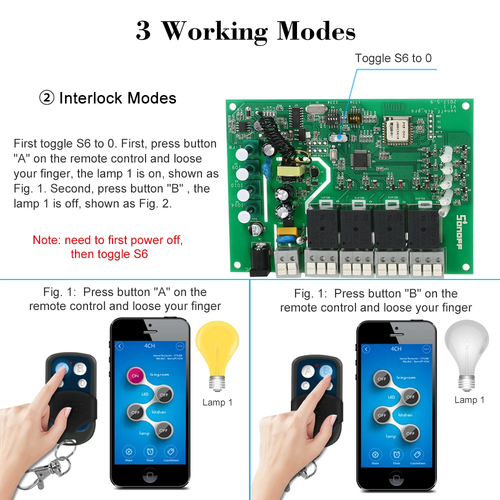 SONOFF 4CH Pro R2 ITEAD RF 433 МГц 4 банда WiFI переключатель 3 режима работы инчинг/самоблокировка/Блокировка WiFi смарт-переключатель для Alexa