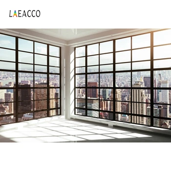 

Laeacco Window Frame City Buildings Shine Room Interior Photography Backgrounds Customize Photographic Backdrop for Photo Studio