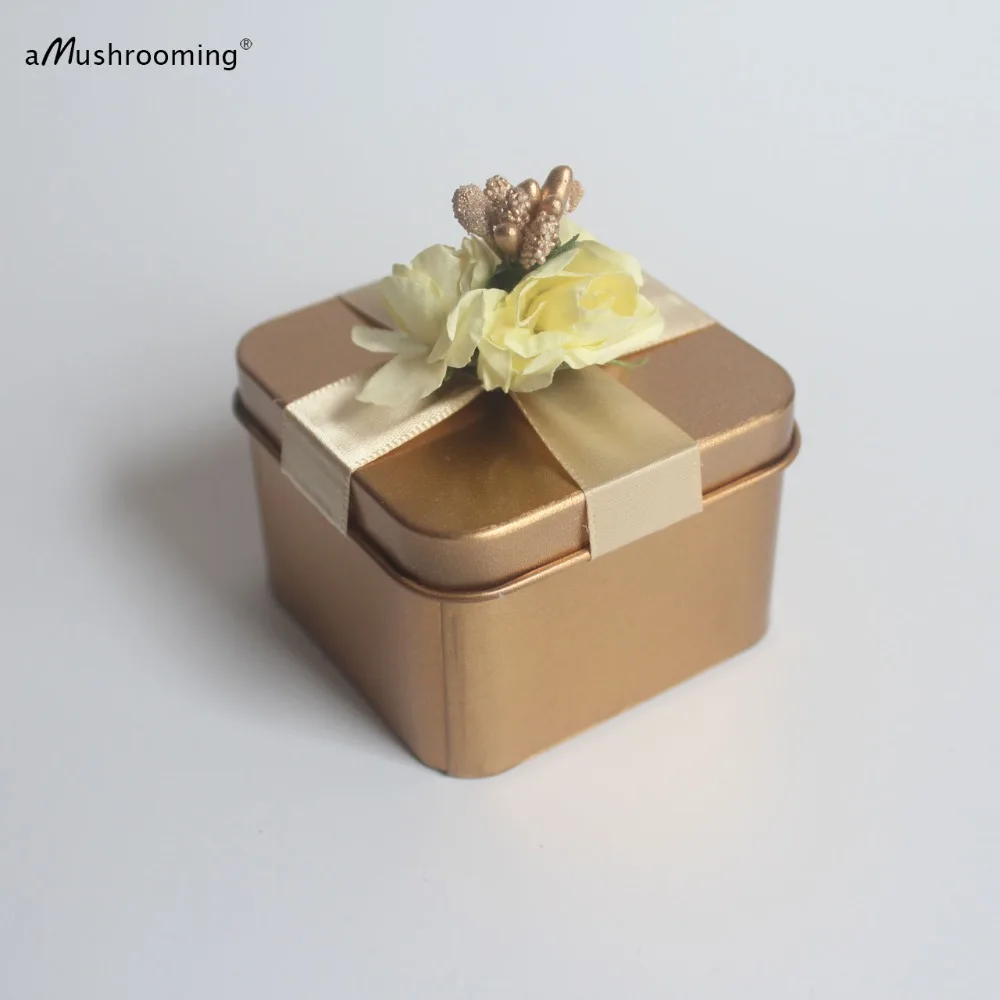 100 Square Gold Candy Favor Boxes Wedding Favor Tin Boxes with Flowers