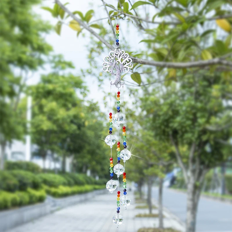 

H&D Crystal Suncatcher Chakra Colors Beads Prism Tree of Life Window Hanging Ornament Rainbow Sun Catcher Home Wedding Decor