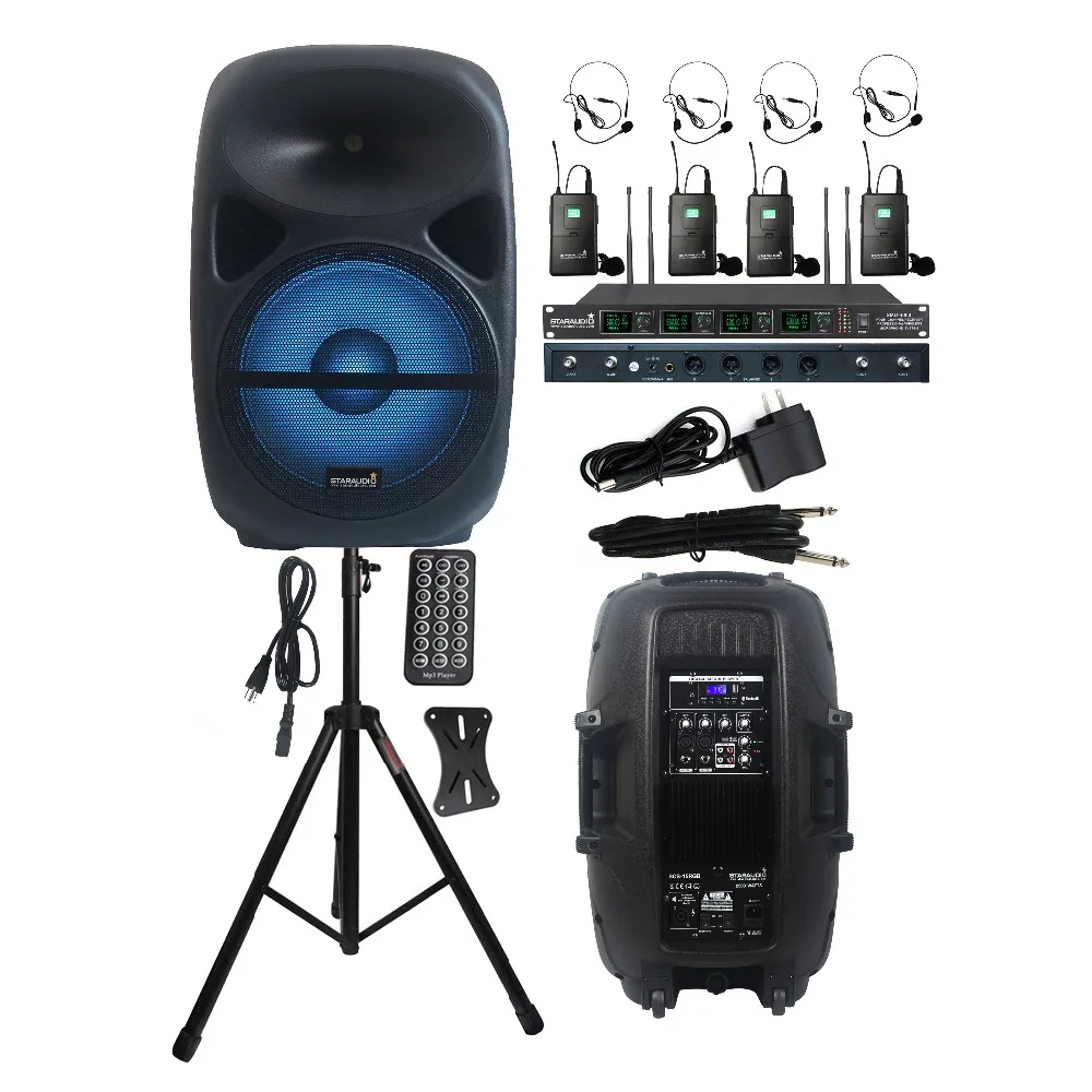 

STARAUDIO 2500W PA 15" DJ Light Speaker Powered Active BT USB Speaker Stand 4 Channel UHF Wireless Headset Microphone SCS-15RGB
