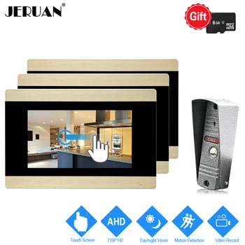 

JERUAN 720P AHD HD Motion Detection 7`` Touch Screen Video Doorbell Unlock Intercom System 3 Record Monitor + IR Mini Camera 1V3