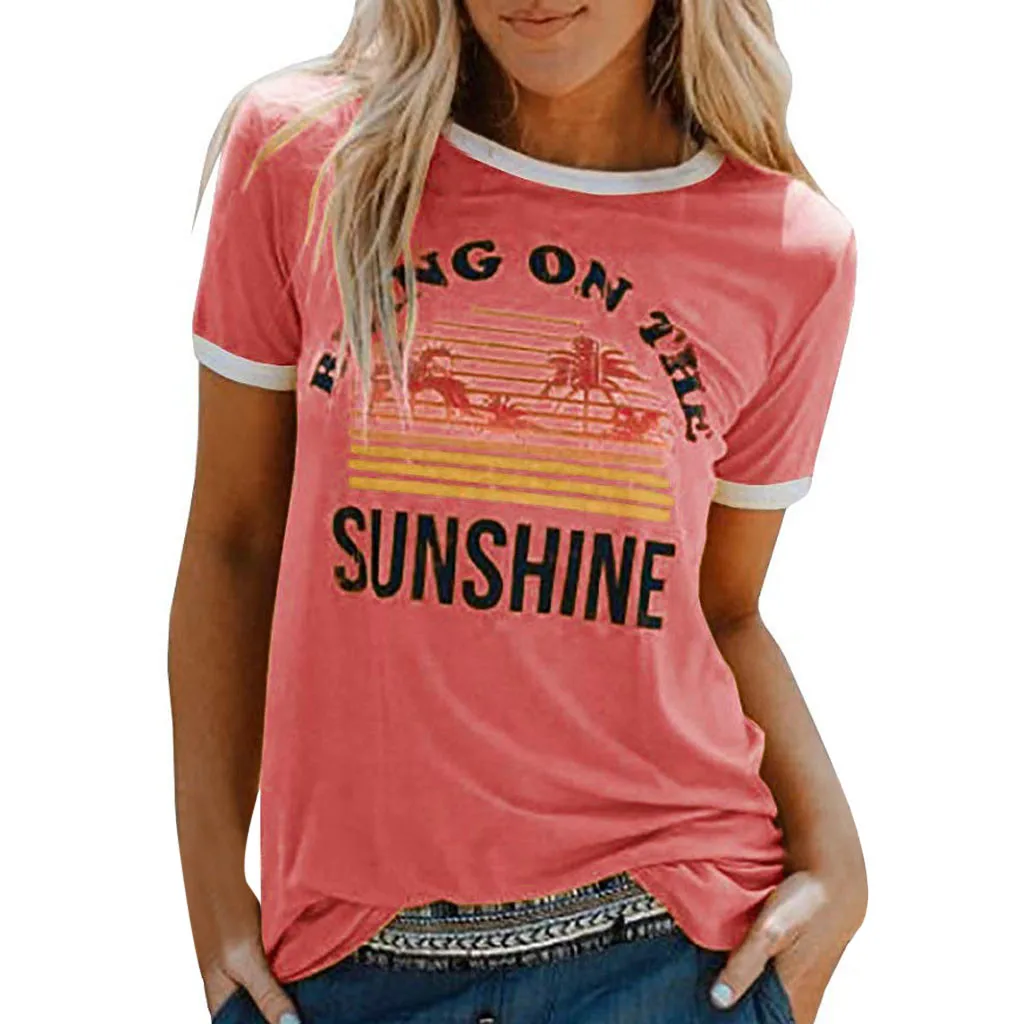 Летняя популярная женская оранжевая рубашка с надписью «Bring On The Sunshine», топы с коротким рукавом, новинка, женская футболка USPS, Прямая поставка - Цвет: Розовый