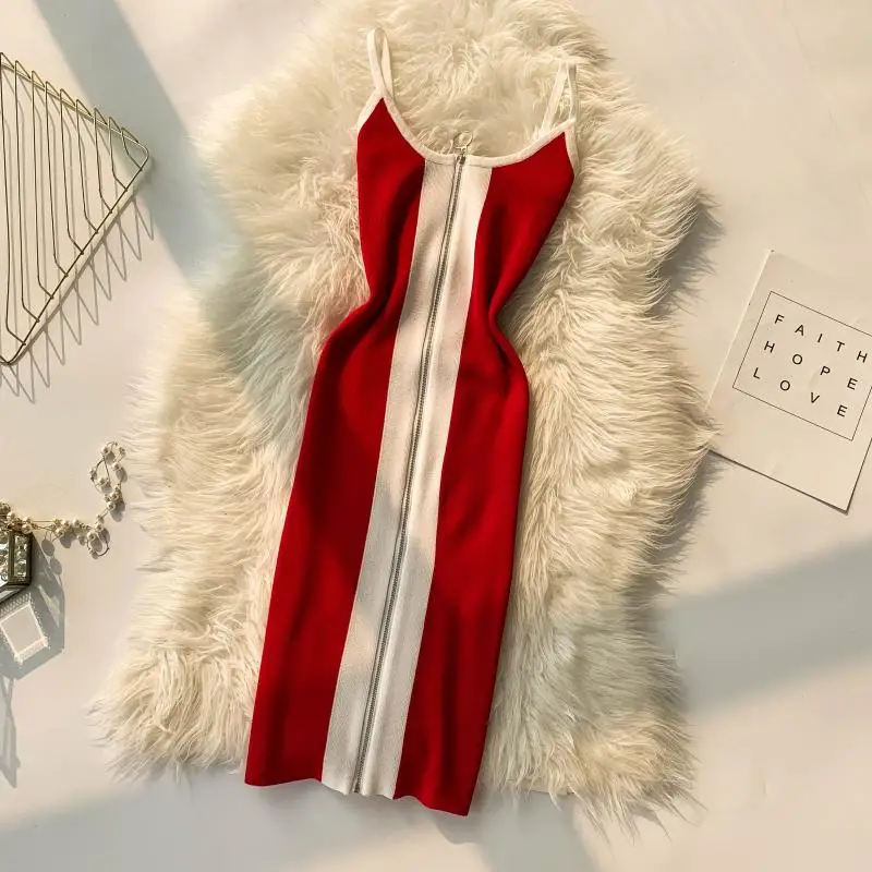 

New 2019 Summer Fashion Knitted Dress Women Slim Spaghetti Strap Mini Club Party Dress Womens Patchwork Color Zipper Robe Femme