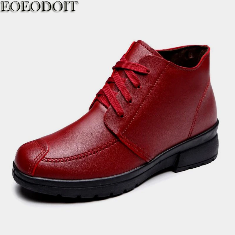

EOEODOIT Women Winter Snow Boots Leather Wedges Heel Med Heel Height Slip Resistance Platform Shoes Mother Shoes