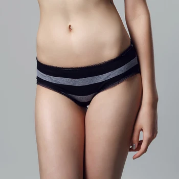 

Fashion women's trunk low-waist lace cotton black stripe panties comfortable brief underwear