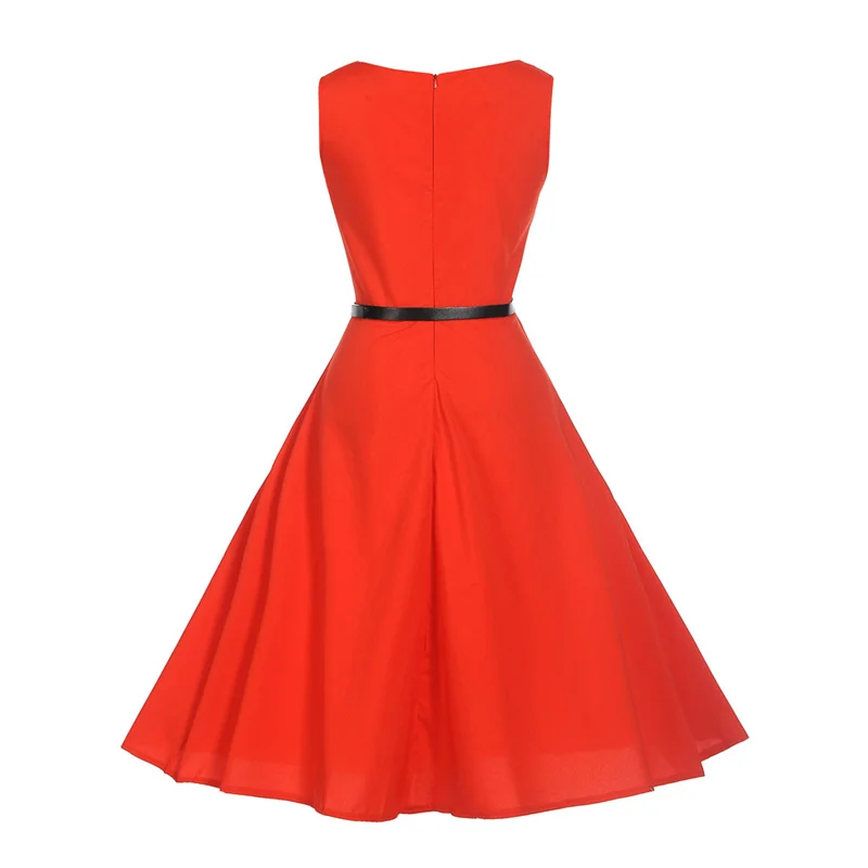 Kostlich O-Neck Solid Color Dresses Summer Hepburn Vintage Dress High Quality Women Big Swing Dress Plus Size S-2XL With Belt (3)