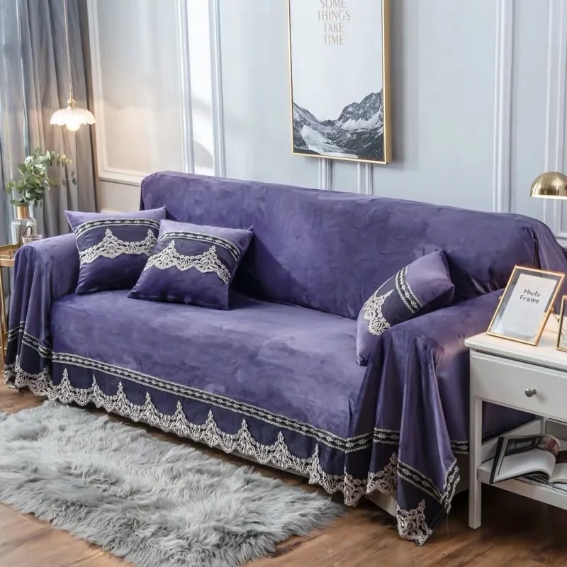 Европейский стиль чехлы для диванов для гостиной серые Плюшевые Чехлы стрейч мебельный чехол для секционного дивана роскошный тканевый Кружевной декор - Цвет: purple  1pcs