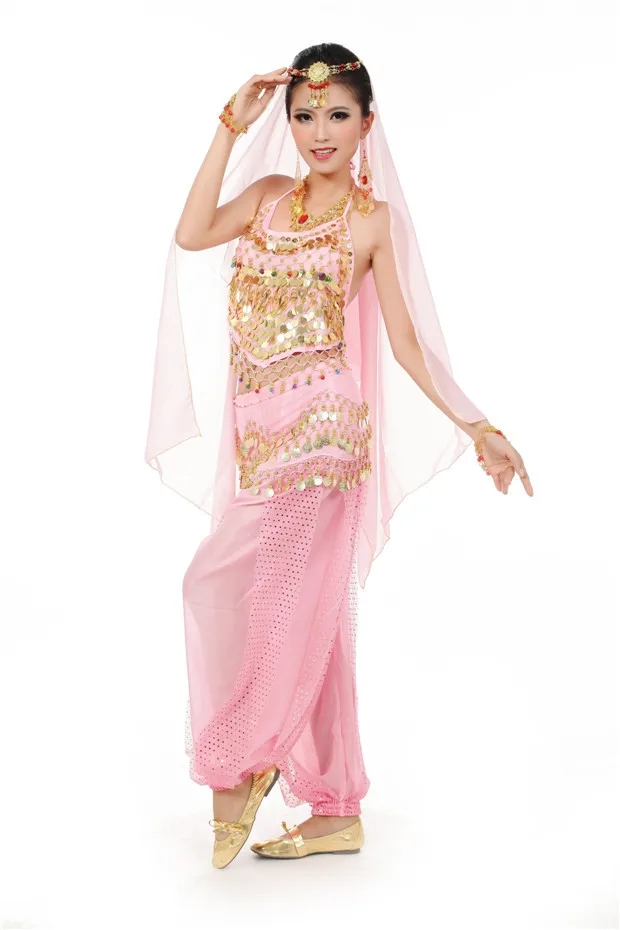 Новейший Болливуд Индийский танец живота костюмы для женщин Дешевые цены 5 шт. Комплект женский топ+ брюки+ пояс+ вуаль+ цепочка на голову - Цвет: Pink