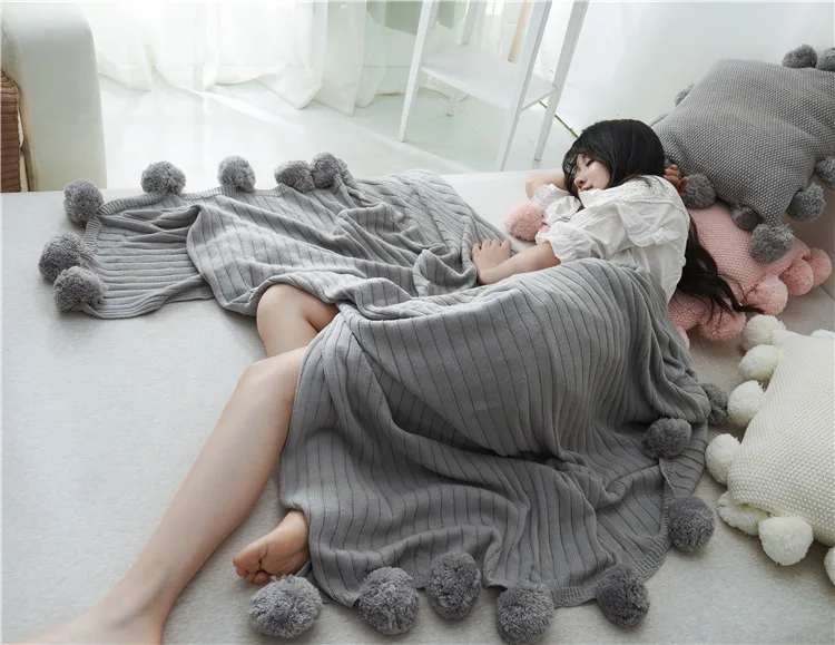 2 размера, однотонное Хлопковое одеяло с шариками, кистями, для дивана, кровати, автомобиля, для путешествий, шерстяное трикотажное одеяло, украшение для спальни