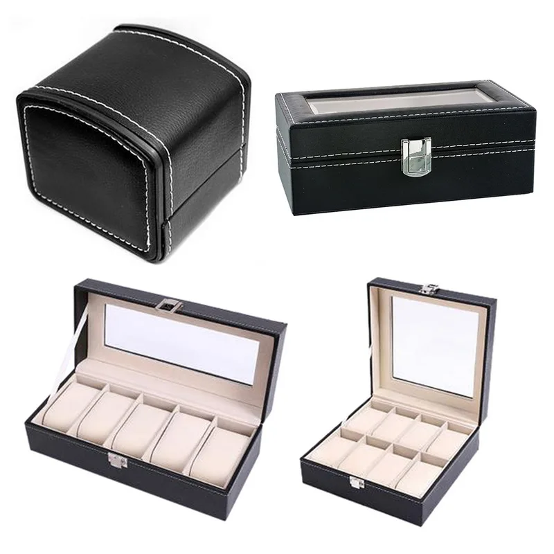 

Urijk 1PC PU Leather Jewelry Display Makeup Storage Box Black Watch Box Grids High Quality Protable Clock Watch Organizer Holder