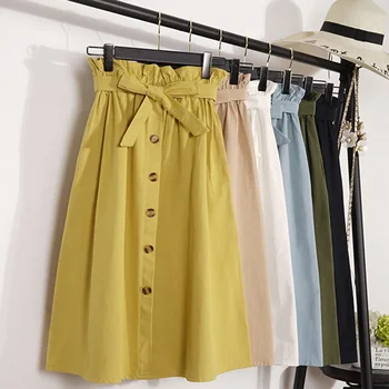 

Summer Autumn Skirts Womens Midi Knee Length Korean Elegant Button High Waist Skirt Female Pleated Skirt