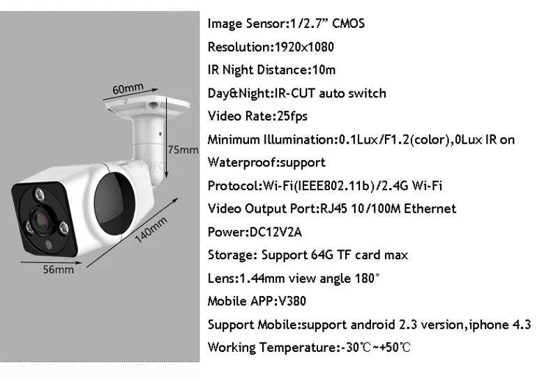 1080P Wifi ip-камера 2.0MP HD наружная Водонепроницаемая инфракрасная камера ночного видения с адаптером питания