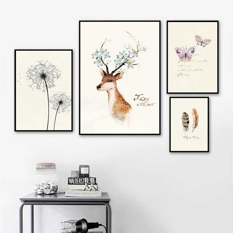 

Nordic Art Canvas Painting Print Poster Deer Animal Wall Picture Paintings Bedroom Wall Decor Dandelion Plant Poster PD2642