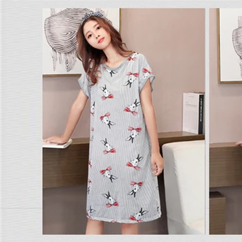 

Summer Nightdress Short Sleeve Nightdress Lovely Cartoon Printed Silk Korean Casual O-Neck Sleepwear Vintage Kawaii Nightgown