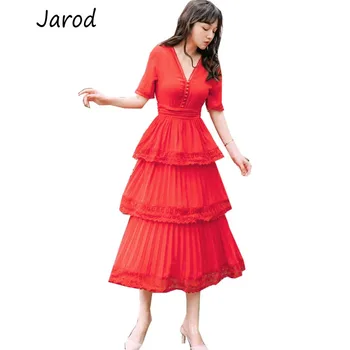 

High Quality 2019 Newest Runway Maxi Dress Women's short sleeve Lace Patchwork chiffon Cascading Ruffle cake Red Long Dress