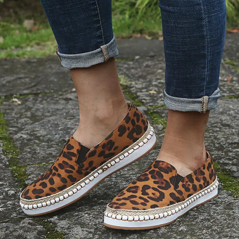 

Leopard Women Shallow Flat Shoes Hemp Weaving Sewing Slip On Ladies Elastic Band Fashion New Female Loafers Casual Autumn 2019