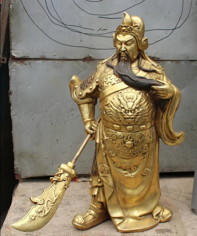

S5669 28" China Bronze Gilt Stand Guan Gong Yu Warrior God Sword Dragon knight Statue D0317