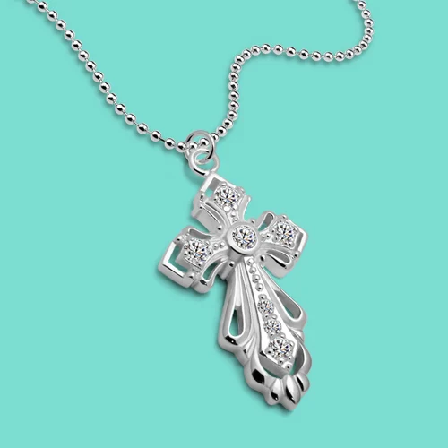 

Fashion 925 sterling silver necklace female cross pendant silver necklace girls popular jewelry solid silver beads chain