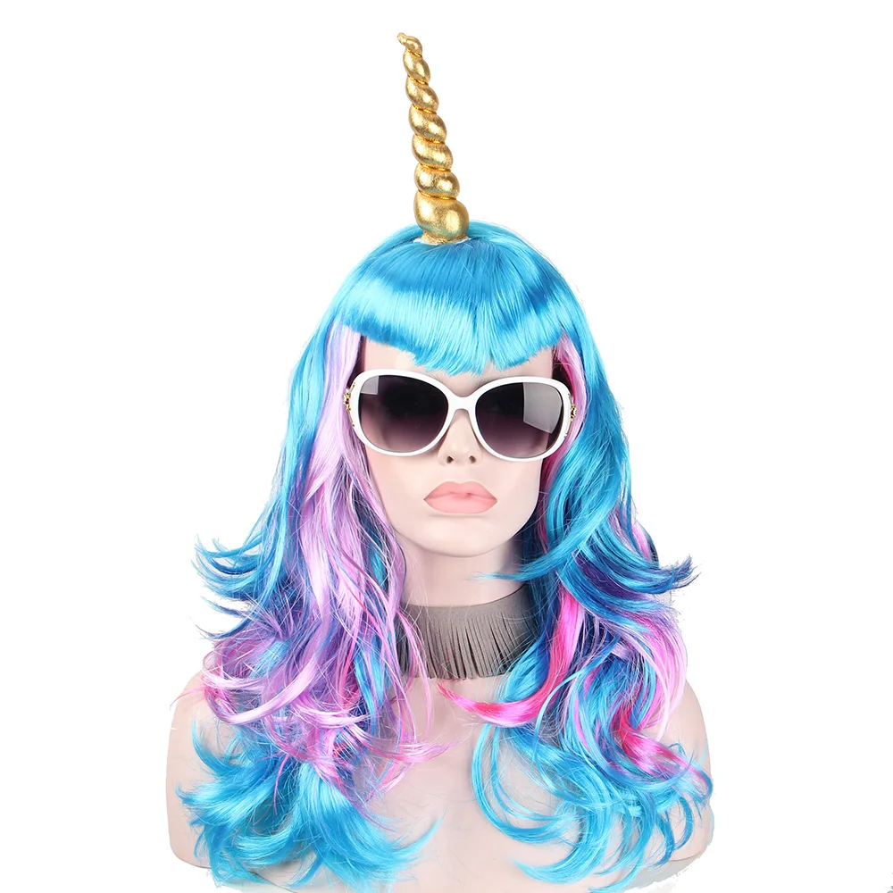 Unicorn Wigs for Women Long Wave Synthetic Gold Horns Curly Colorful