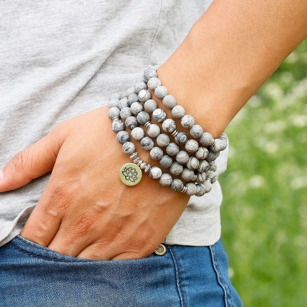 Natural Matte Grey Map Stone Charm Bracelet Natural Bead Mens Bracelet Chakra 108 Mala Jewelry Gift for Him Free Shipping