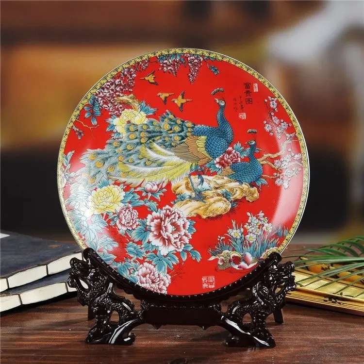 

Chinese porcelain tree peony flower Peacock flaunting its tail bird tray plate