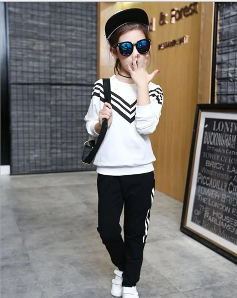 Kids Boys Girls Long Sleeve White Black Striped Tshirt Pants Children Sports Outwear Suits 5