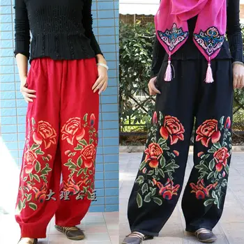 

Women spring and autumn national style linen embroidery trousers casual pants wide leg pants Summer Loose trousers