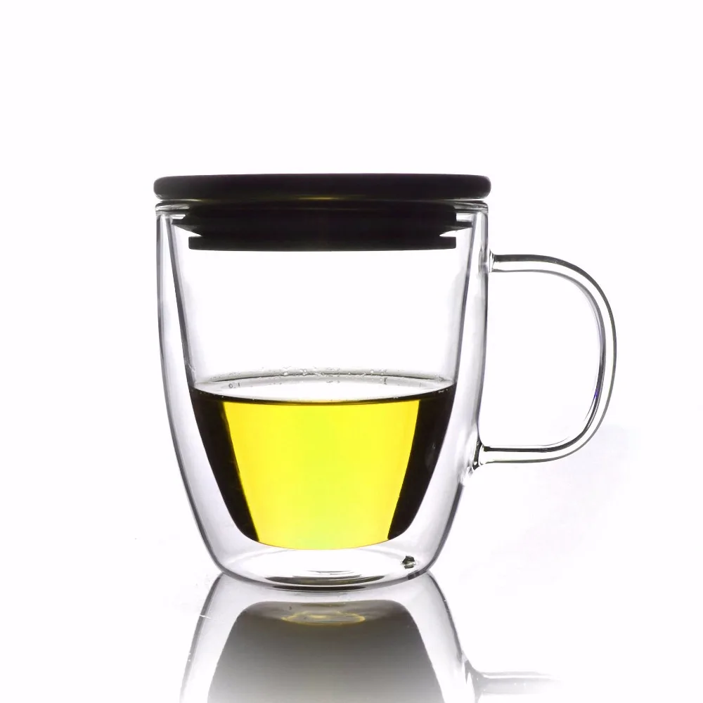 1x350ml Double Wall Heat Resistant Clear Glass Tea Coffee Mug w/ Bamboo