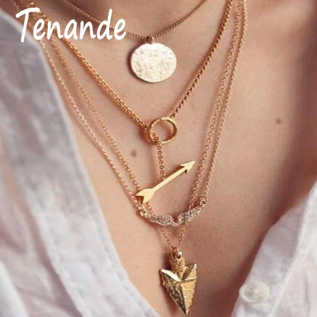 

Tenande New Fashion Multi Layer Big Statement Hollow Crystal Sequins Circle Arrow Angel wings Necklaces & Pendants for Women