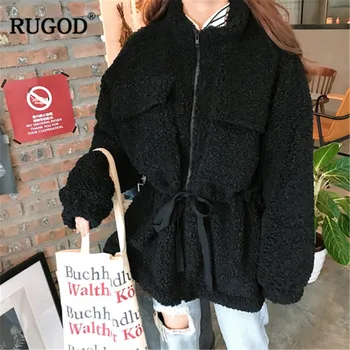 

RUGOD Fashion women coat Stand collar winter warm lambswool lace up Oversize jacket coats Causal Long sleeve streetwear femme